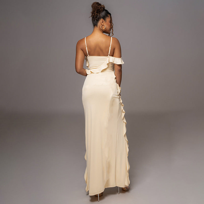 Spring Sexy Solid Color Backless Slit Splicing Sling Maxi Dress by Ragazza