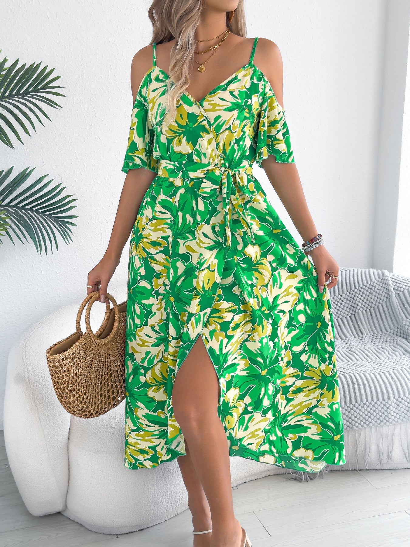 Spring Summer Strapless Cross V neck Floral Strap Dress Holiday Dress Women Clothing by Ragazza