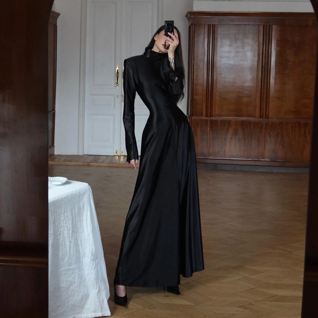 Winter Women Clothing Elegant Graceful Formal Dress Turtleneck Waist Solid Color Dress by Ragazza