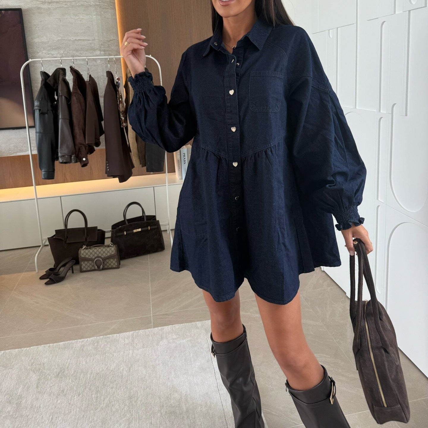 Women Clothing Casual Shirt Button Long Sleeve Denim Dress by Ragazza