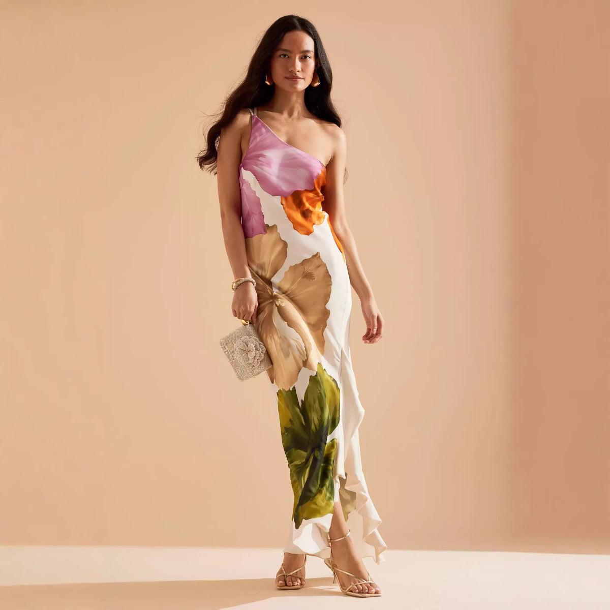 Spring Summer Oblique Shoulder Positioning Printing Dress Casual Vacation Loose Dress by Ragazza