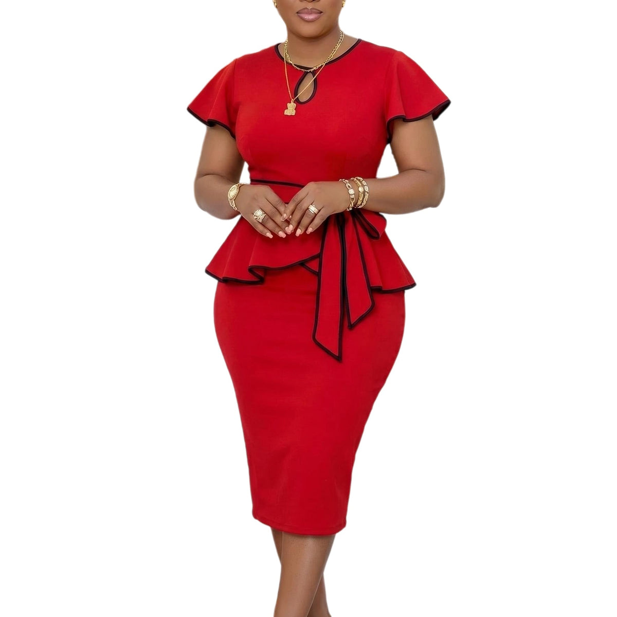 Women Clothing African Bell Sleeve round Neck Multicolor Lace up Ruffled Sheath Dress DestGlow