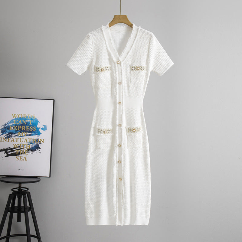 Summer Japanese Korean Women Clothing Classic V neck Short Sleeve Beaded Midi Dress Waist Tight Knitted Dress DestGlow