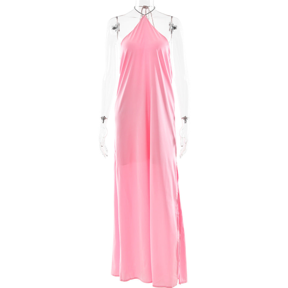 Arrival Advanced Satin Halter Dress Sexy Backless Solid Color Split Slim Fit Maxi Dress by Ragazza