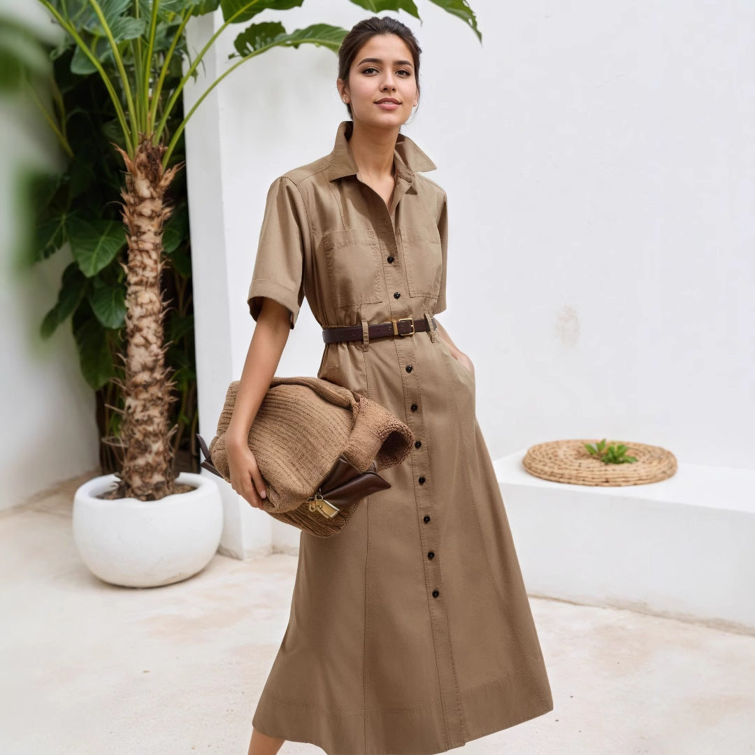 Women Short Sleeve Collared Waistband Breasted Decorative Khaki Shirt Dress by Ragazza