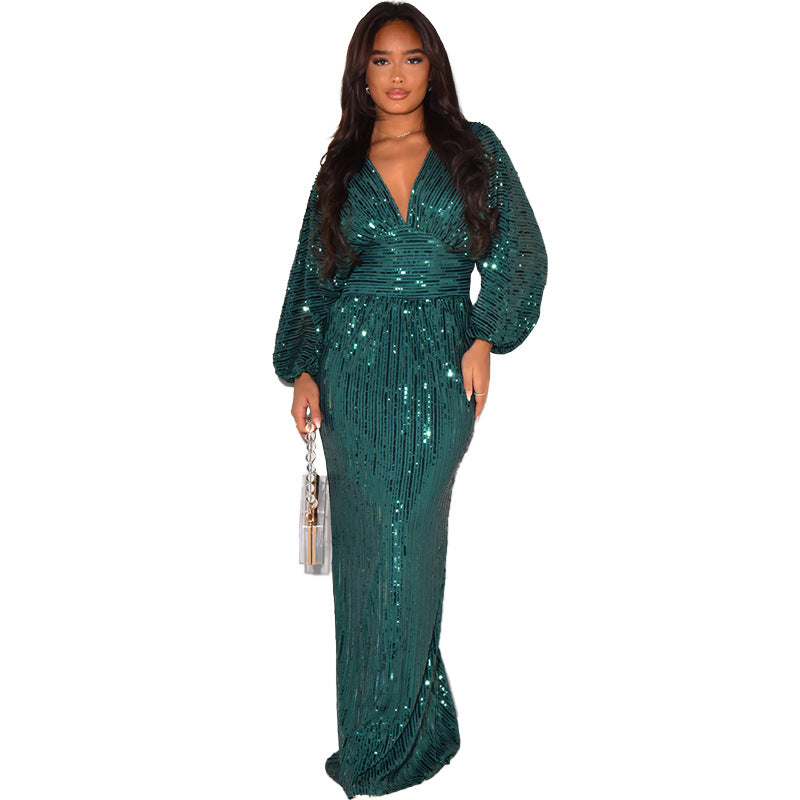 Women Dress Dress Sequined Long Sleeve V Neck Sexy Sequin Maxi Dress DestGlow
