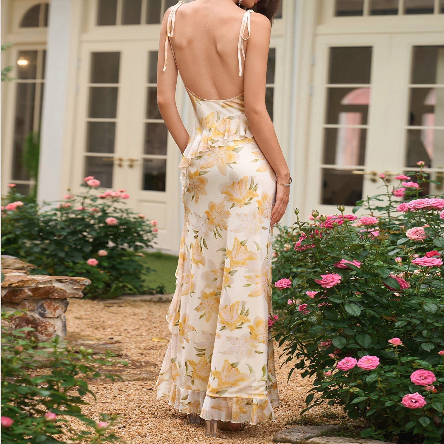 Mesh Camisole Dress Sexy Printed Backless Lace up High Slit Maxi Dress DestGlow