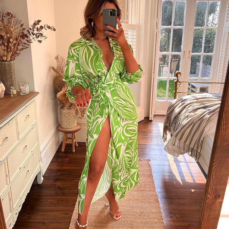 Women Clothing Autumn Sexy Slit Lace up Waist Controlled V neck Shirt Elegant Dress Women by Ragazza