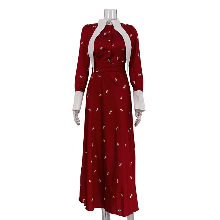 Spring Autumn French Design Printed Satin Dress Women Clothing Elegant Waist Tight Dress by Ragazza