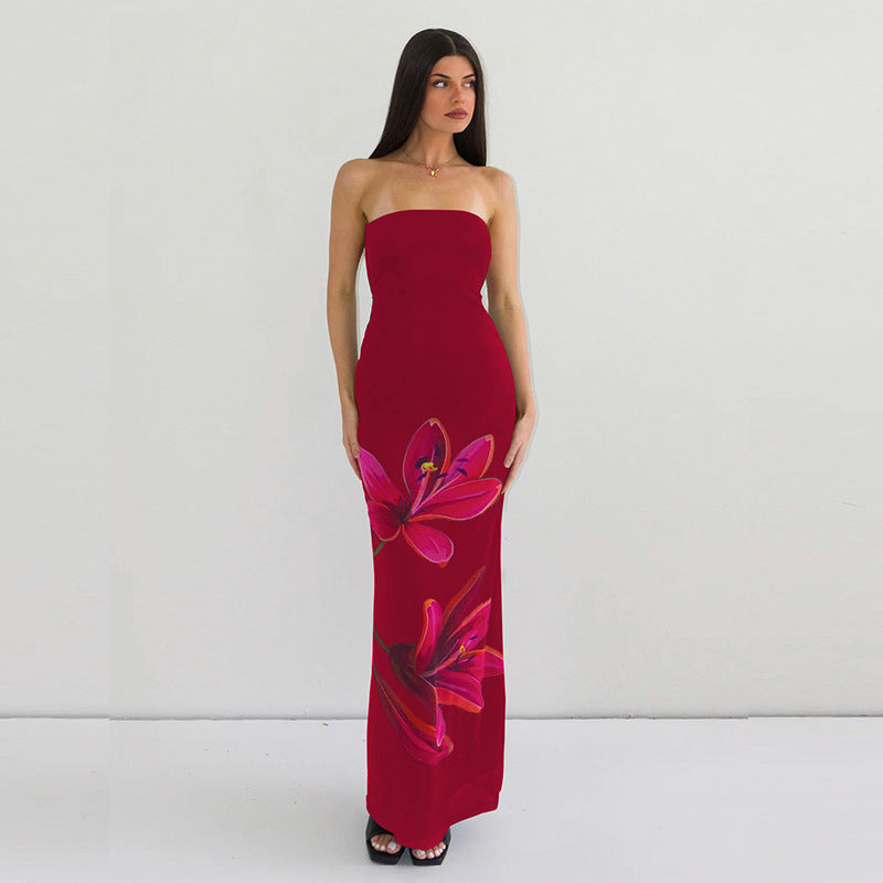 Women Clothing Summer Personalized Printed off Neck Tube Top Backless Tied Dress by Ragazza