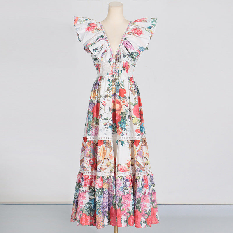 Spring Deep V Plunge neck Ruffled Sleeve Maxi Dress Ruffled Stitching Printing Design Waist Slimming Dress for Women by Ragazza