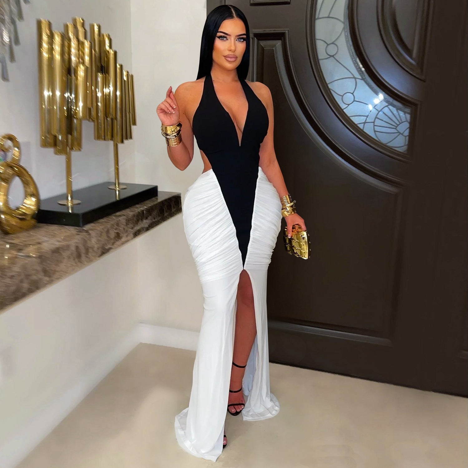 Women Wear Sexy V Neck Arm Covering Split Backless Dress by Ragazza