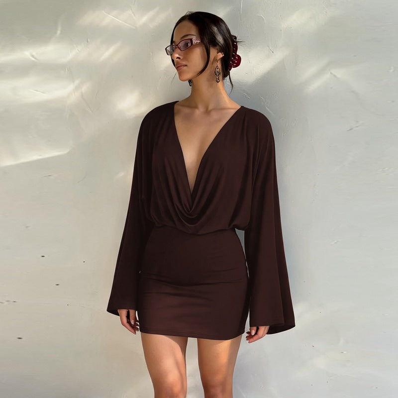 Women Sexy Low Cut Deep V Plunge neck Solid Color Long Sleeve Waist Slimming Sheath Dress DestGlow