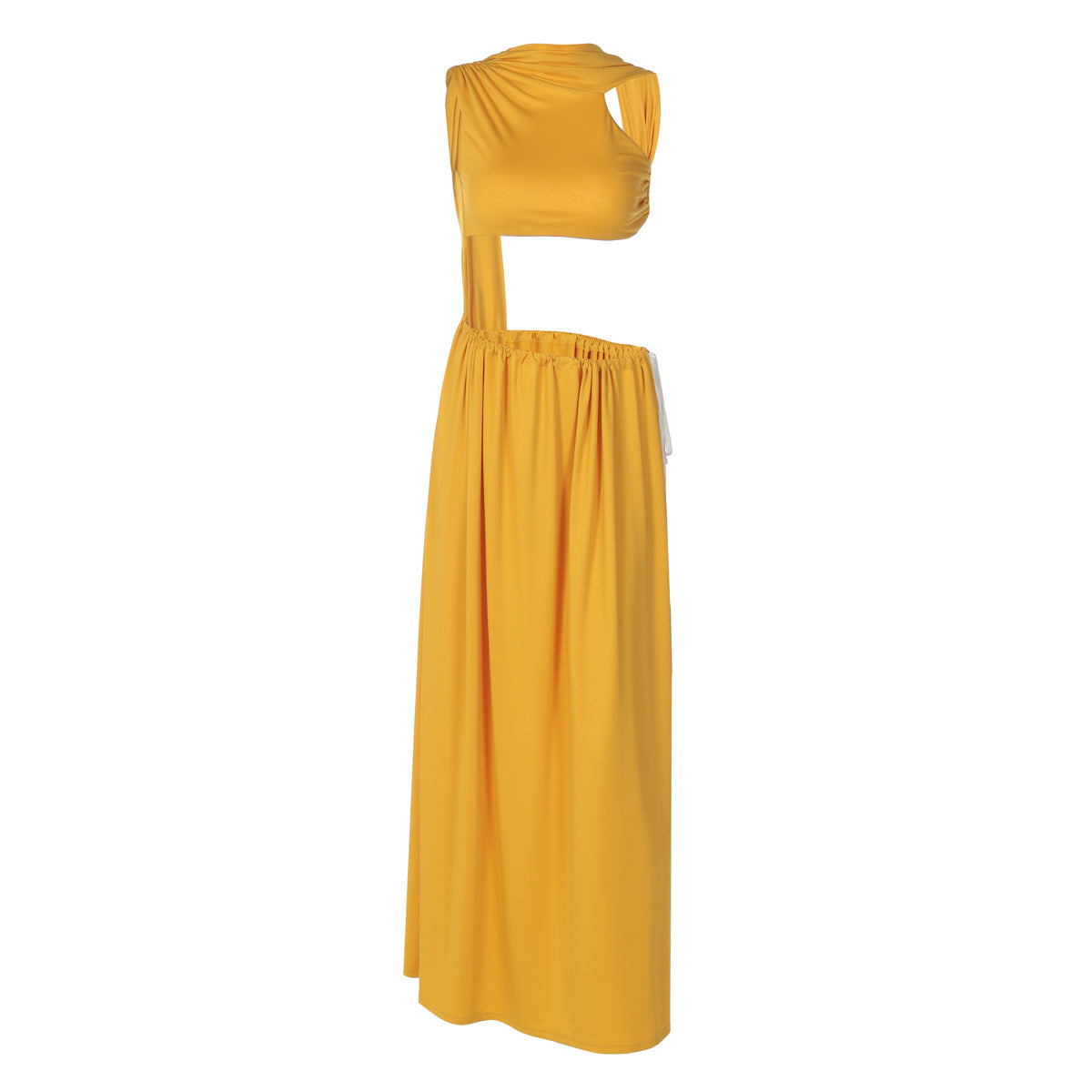 Fall Solid Color Hollow Out Cutout out Vest Stitching Cropped Side Tied Maxi Dress for Women by Ragazza