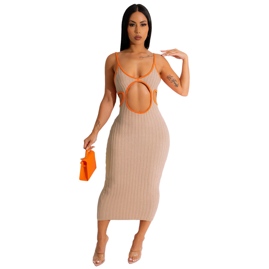 Women Clothing Solid Color Hollow Out Cutout Handmade Knitted Sweater Contrasting Color Dress by Ragazza