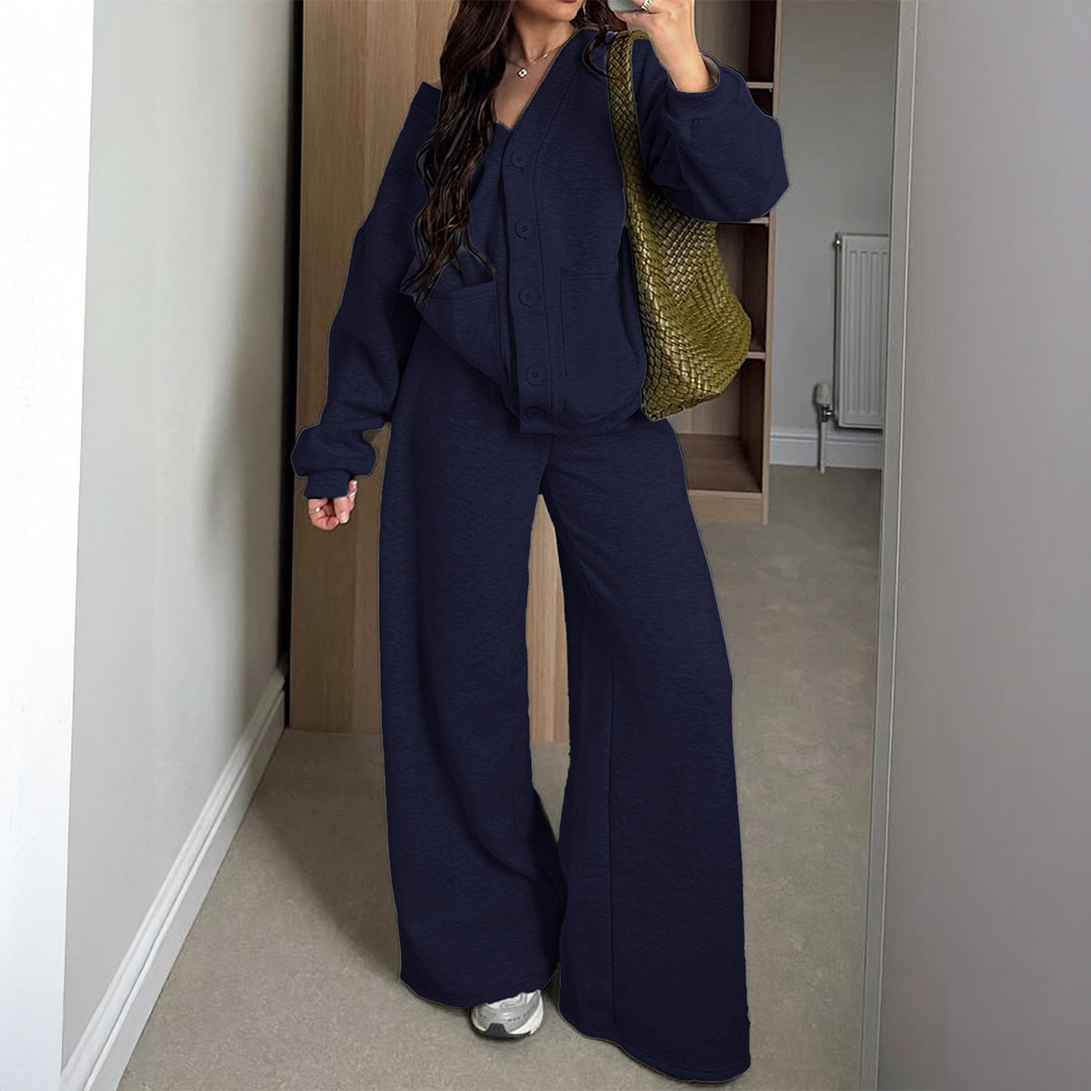 Women Clothing Autumn Winter Holiday All Matching Long Sleeve Coat Trousers Two Piece Set by Ragazza