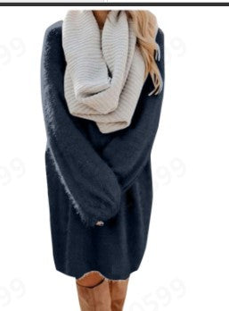 Autumn Winter Women Clothes Mid Length Long Sleeve Round Neck Loose Plush Dress by Ragazza