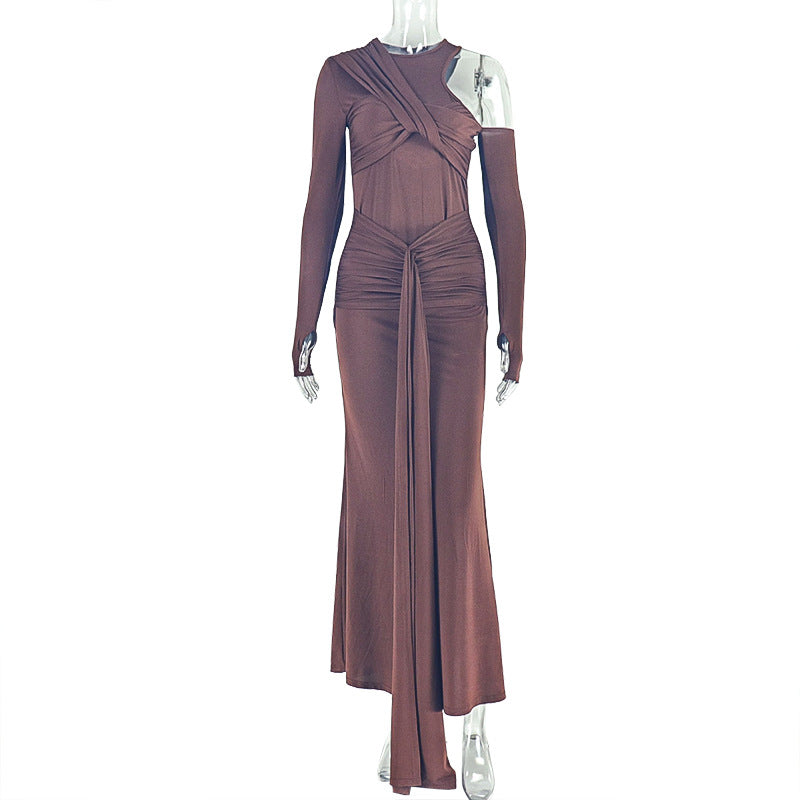 Solid Color Design Women Pleated One Shoulder Hip Dress Lace up Cutout round Neck Length Dress by Ragazza
