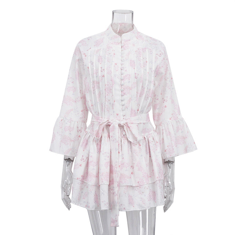 French Short Print Elegant Dress for Women Stand up Collar Flared Sleeves Single Breasted Lace up A line Dress by Ragazza