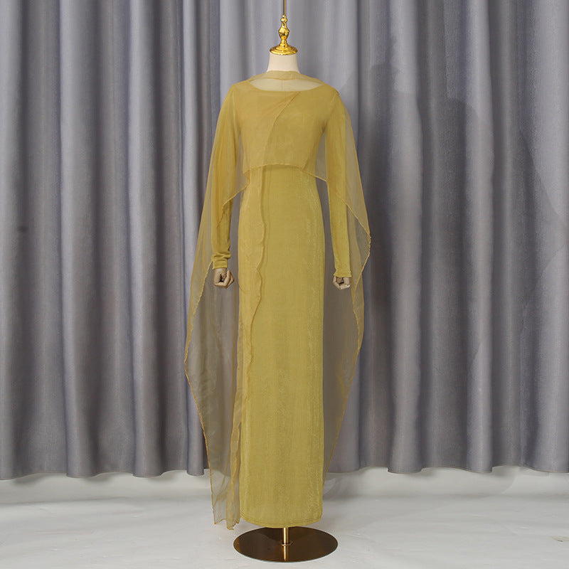 Elegant Graceful Dress Autumn Niche round Neck Mesh Stitching Solid Color High Waist Maxi Dress DestGlow