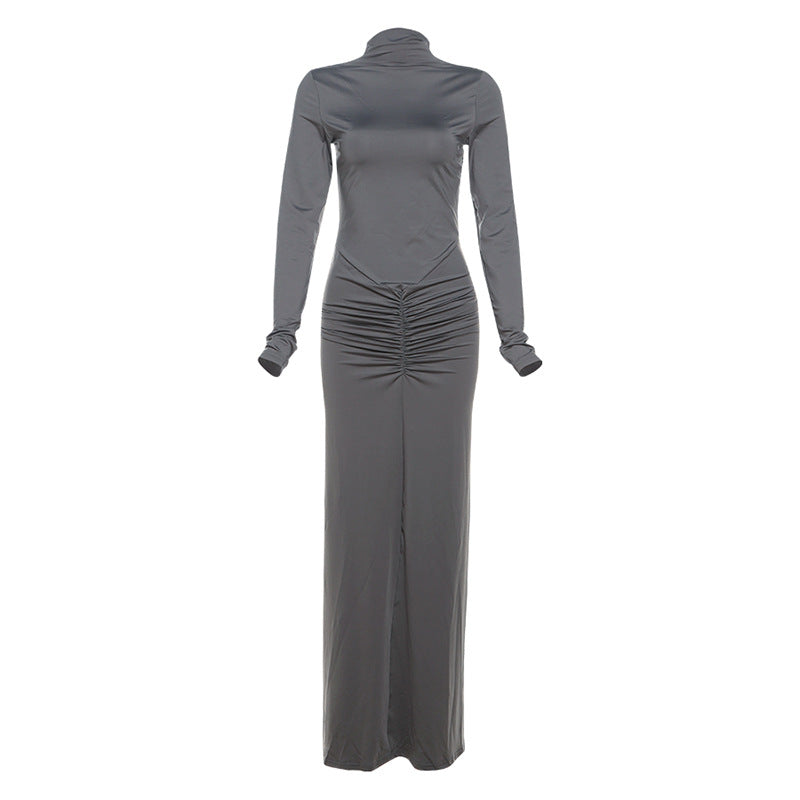 Autumn Winter Sexy Slimming Beam Waist Solid Color Maxi Dress Pleated Dress Women DestGlow