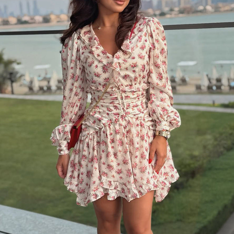 Women Clothing French Waist Dress Arrival V neck Long Sleeve Fold Floral A line Dress DestGlow