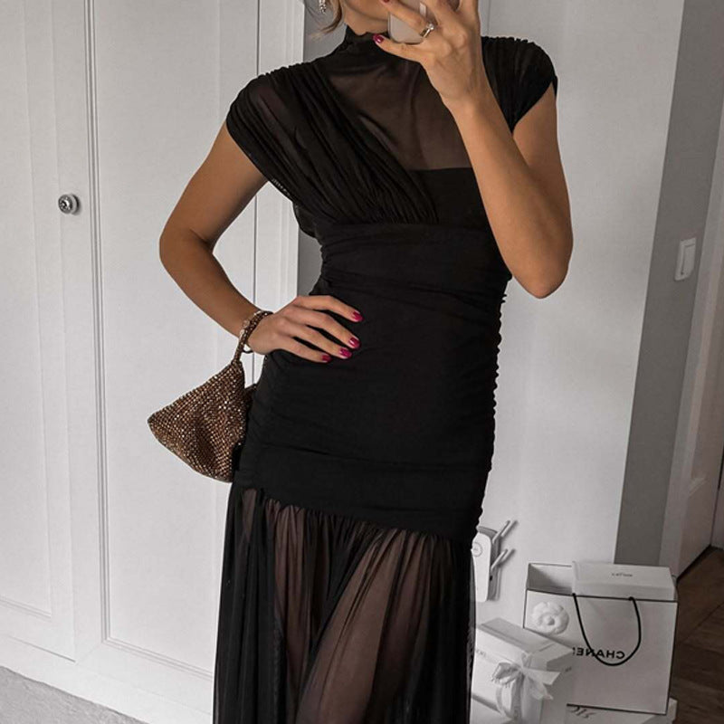 Sexy Socialite Tight Waist Close Fitting Stitching Gauzy Package Hip Maxi Dress for Women by Ragazza