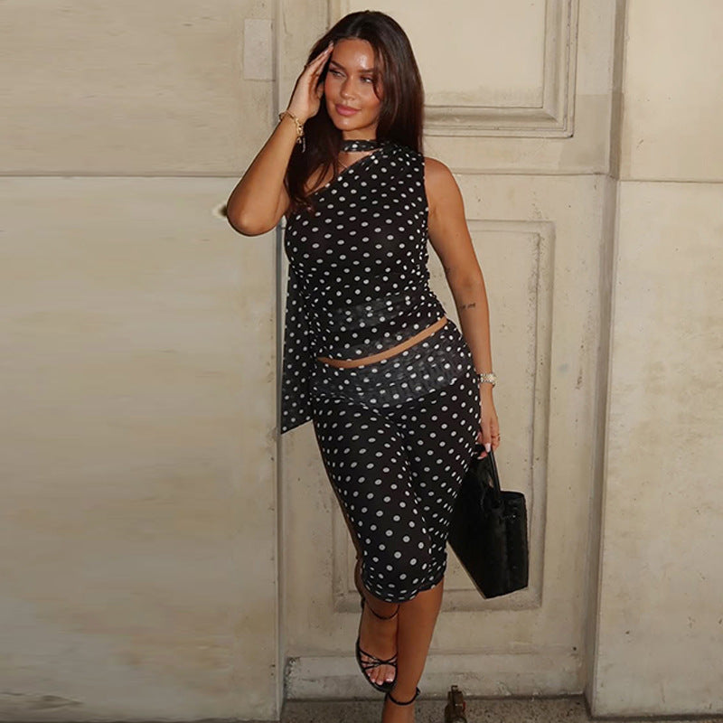 Winter Mesh Stitching Polka Dot Shoulder Diagonal Collar Top Slim Cropped Pants Set by Ragazza