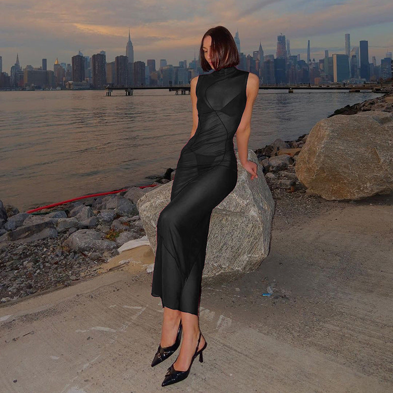 Spring Women Clothing Solid Color Sexy Sheer Mesh High Waist Figure Flattering Sheath Dress by Ragazza