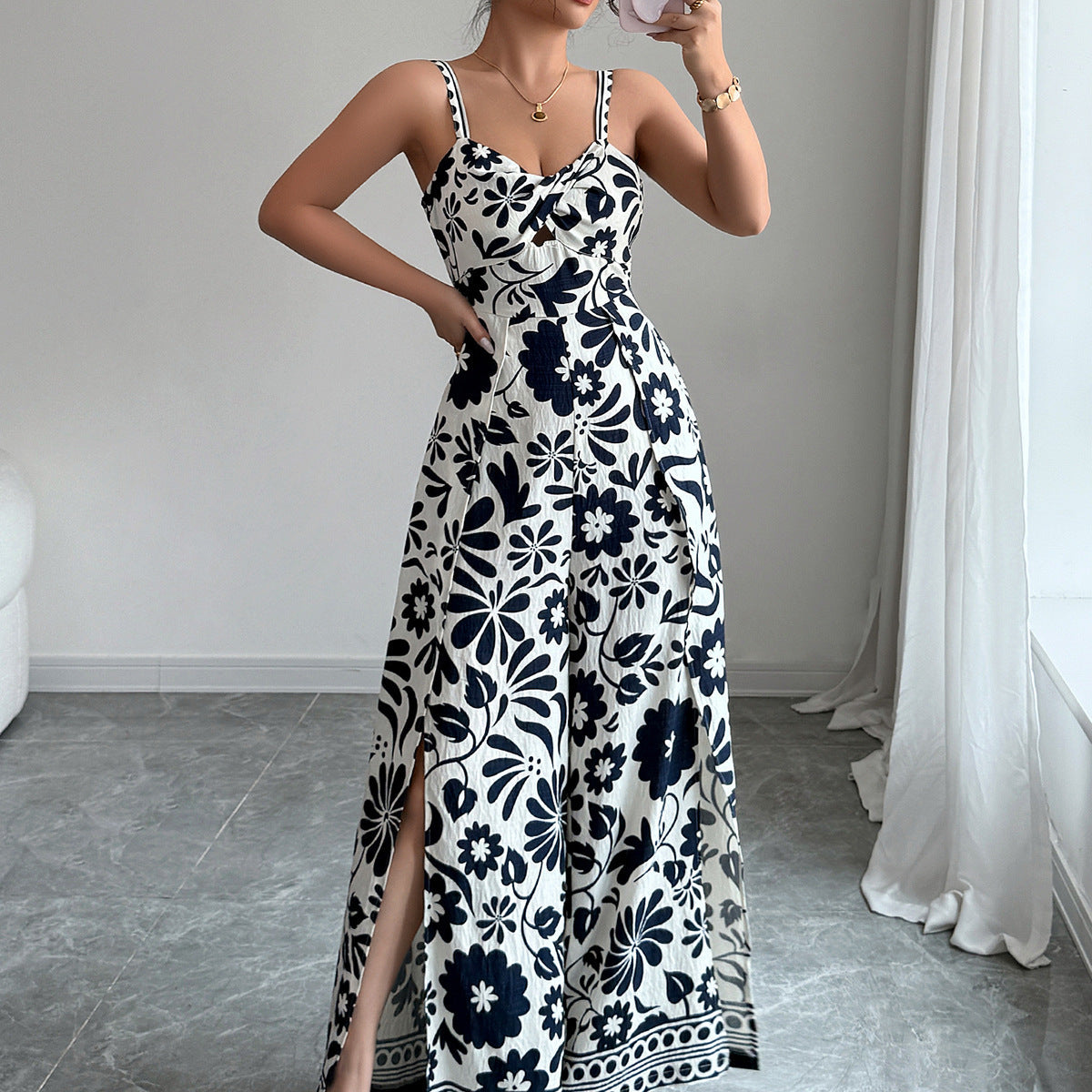 Spring Summer Elegant Twist Print Sling Wide Leg One Piece Long Pants Women Clothing by Ragazza