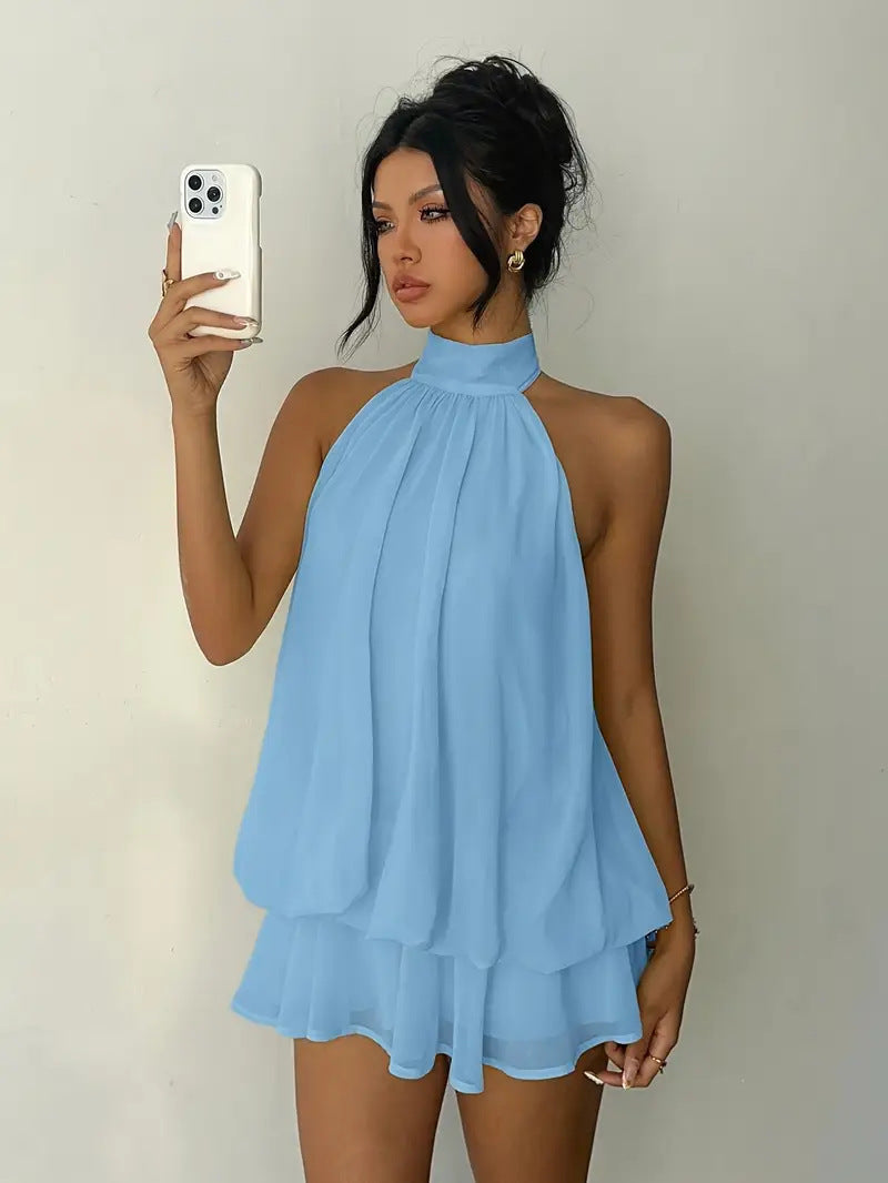 Vacation Figure Flattering Fashionable Sexy Backless Halter Lace Up Waist Trimming Solid Color Dress DestGlow