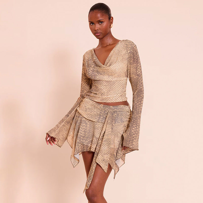 Women Clothing Autumn Winter Snake Pattern Printed Long Sleeved Top Slim Ribbon Skirt Outfit by Ragazza