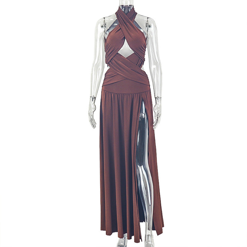 Sexy Backless Women Clothing Solid Color Split Asymmetric Halter Sleeveless Solid Color Slim Dress DestGlow