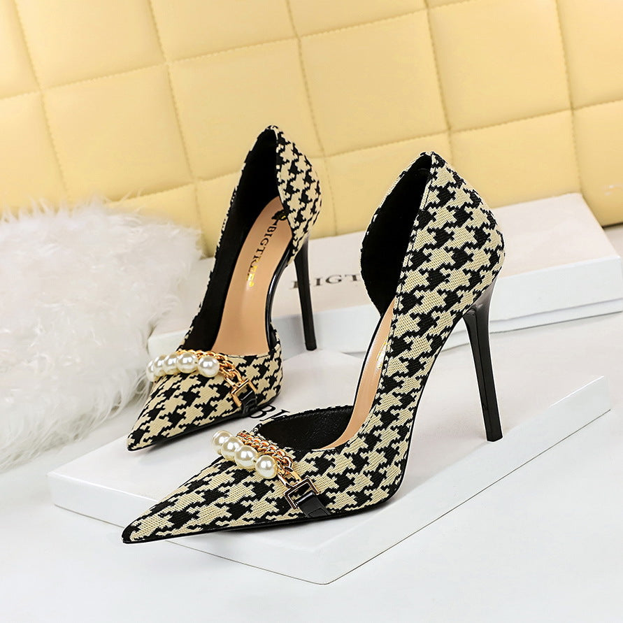 High Heel Low Cut Pointed Toe Side Hollowed Out Fabric Plaid Pearl Metal Chain Houndstooth Pumps DestGlow