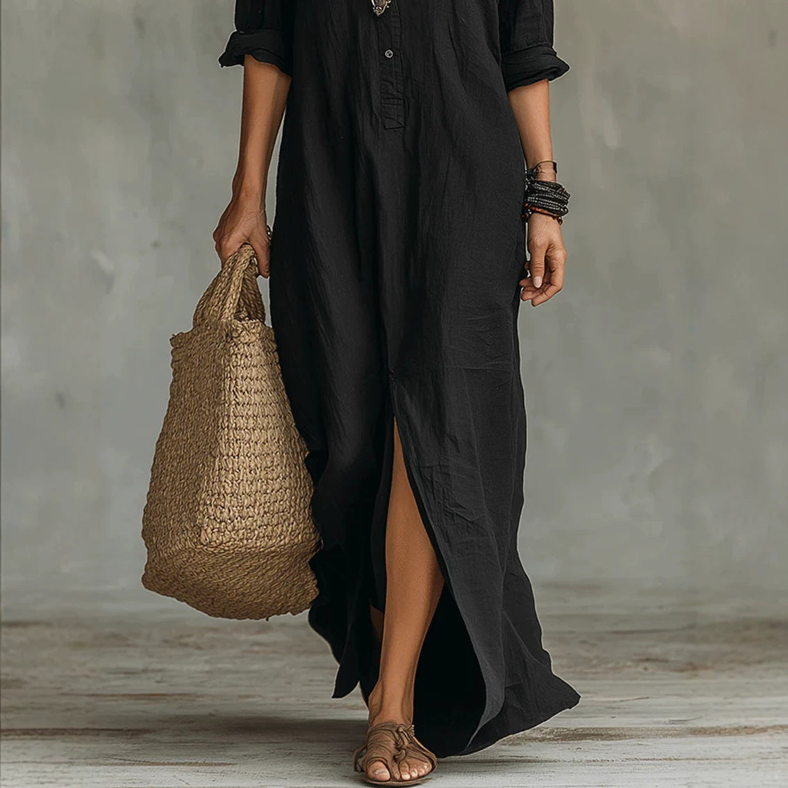 Women Elegant Button Collared Slit Elegant Dress DestGlow