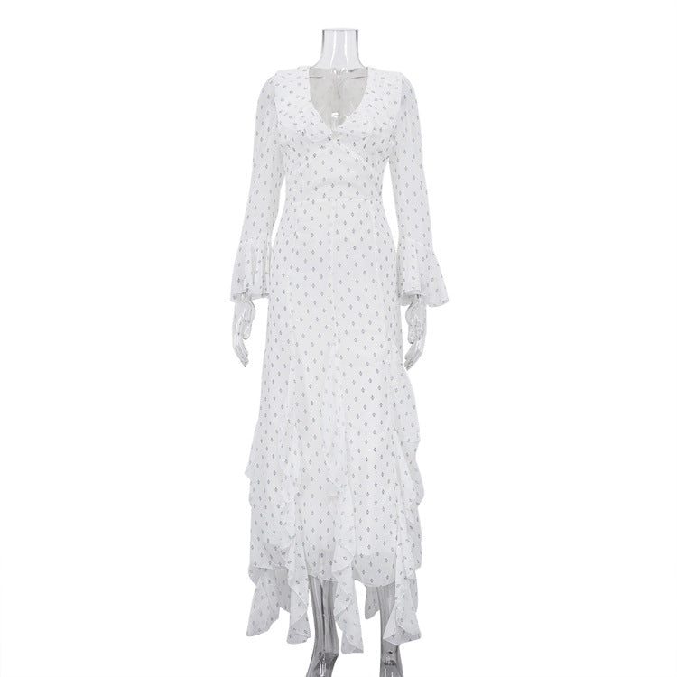 Spring Autumn Digital Printed Chiffon Dress Women Design Ruffled Bell Sleeve High Waist Maxi Dress by Ragazza