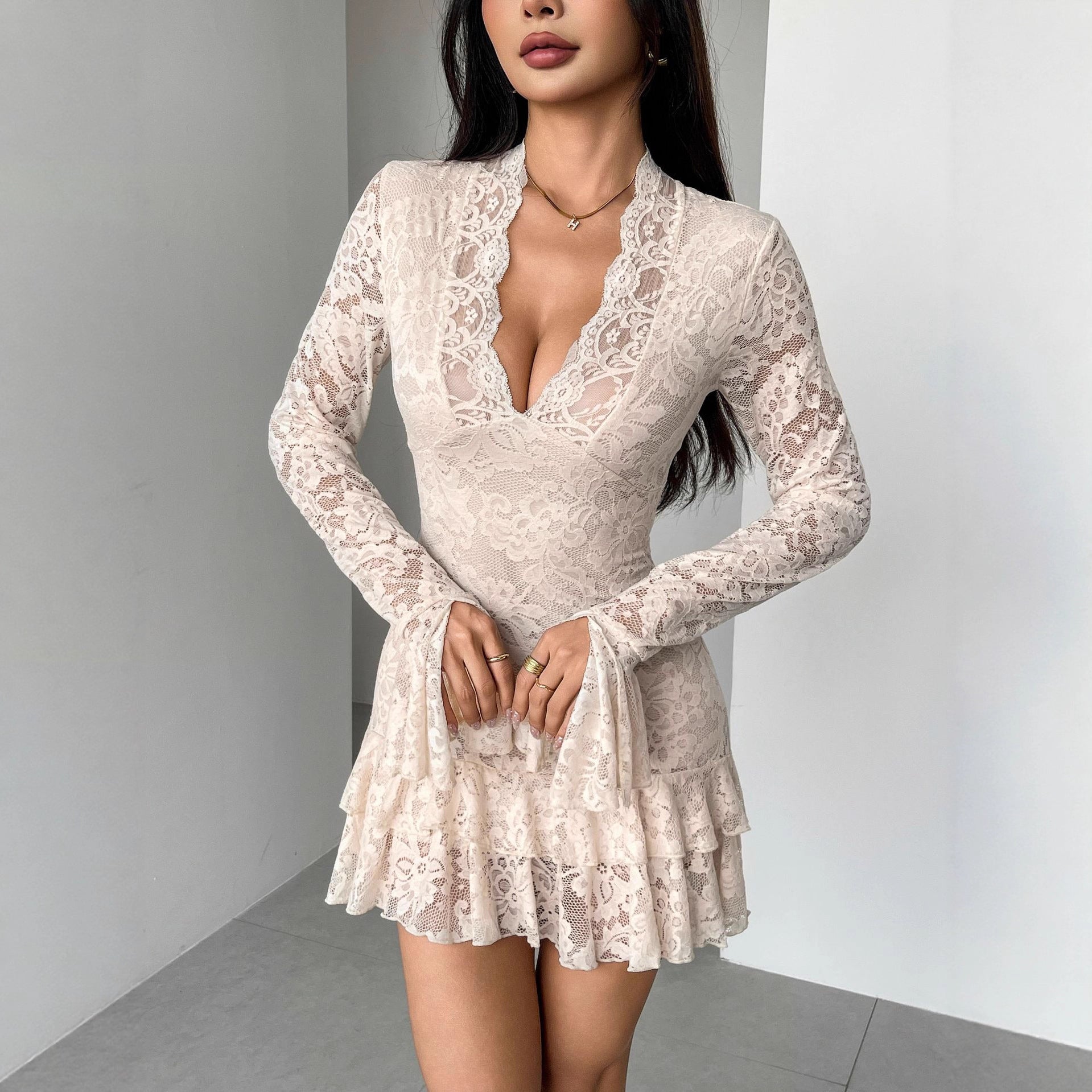 Autumn Winter Lace V neck Double Layer Ruffled Slim Fit Sheath Dress by Ragazza