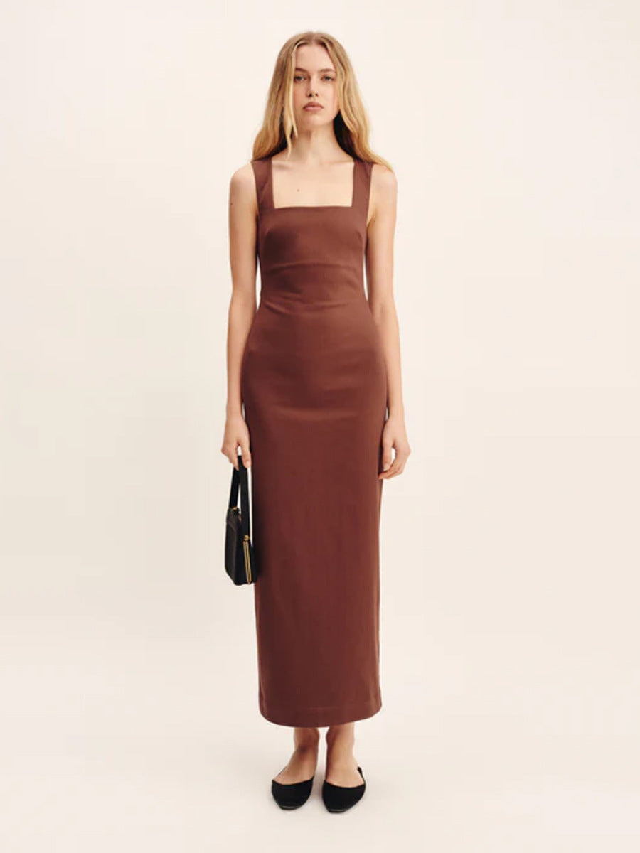 Simple Solid Color Square Collar Sling Dress Summer Slim Cotton Linen Maxi Dress by Ragazza