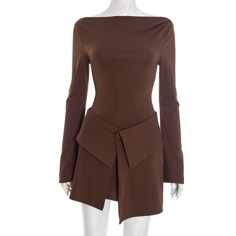 Women Clothing Winter Micro Pull Long Sleeve Short Dress Fold Button Two Piece Overskirt Set by Ragazza