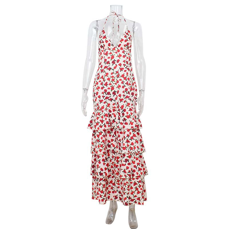 Sexy Bare Back V neck Halter Spring Sexy Sheath Tiered Dress Floral Maxi Dress by Ragazza