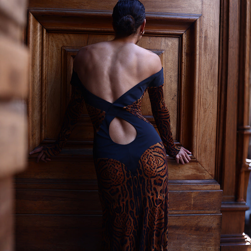 Fall Women Clothing Sexy off the Shoulder Hollow Out Cutout Backless Leopard Print Slim Fit Long Sleeved Dress DestGlow