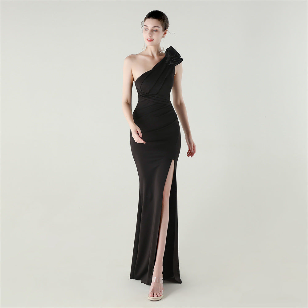 One Shoulder Three Dimensional Floral Satin Folding High Slit Sexy Evening Dress Dinner Wedding Social by Ragazza