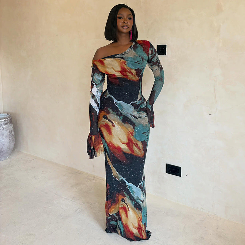 Printed Women Wear Street Elegant Asymmetry Hip Dress Diagonal Collar Shoulder Long Sleeve Dress DestGlow