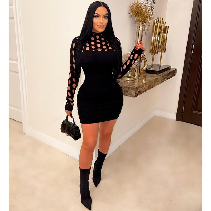 Women Clothing Sexy Knitted Dress Hollow Out Cutout Long Sleeve Tight Woolen Dress by Ragazza