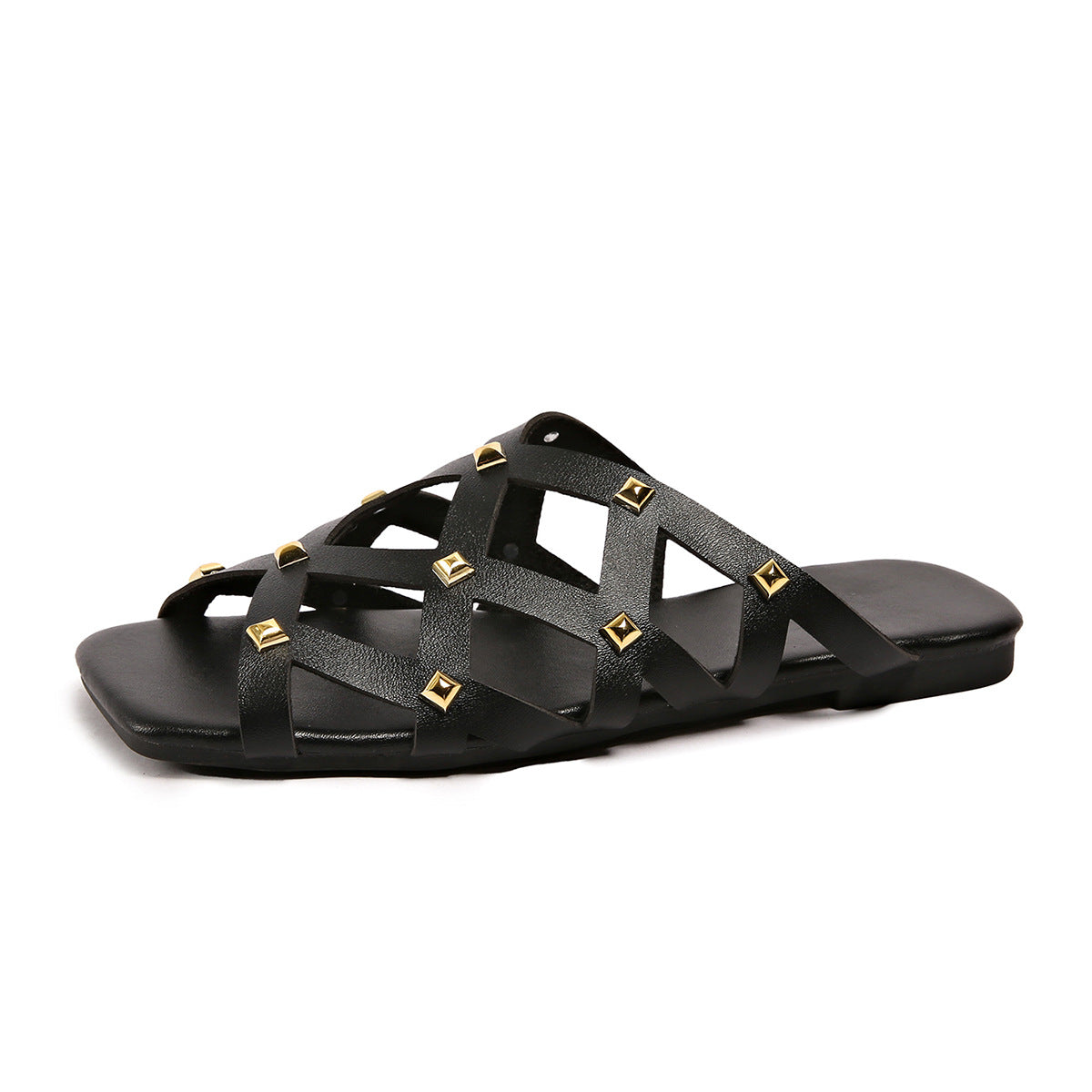 Square Toe Hollow Out Cutout out Rivets Flat Slippers Women Comfort Casual Hollow Out Cutout out Beach Slippers DestGlow