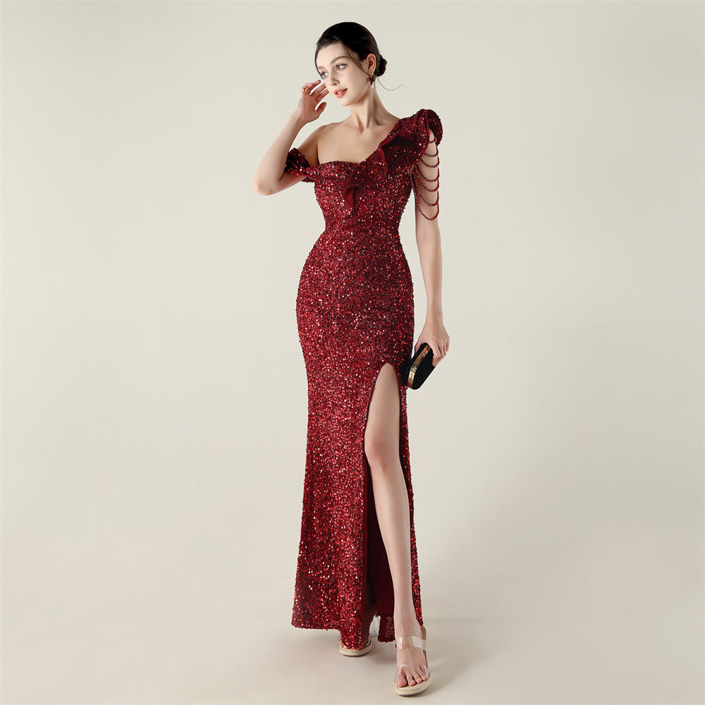 One Shoulder Pleated Ruffled Embellished Beaded Chain Sequined Evening Dress Cocktail Wedding Red Carpet by Ragazza