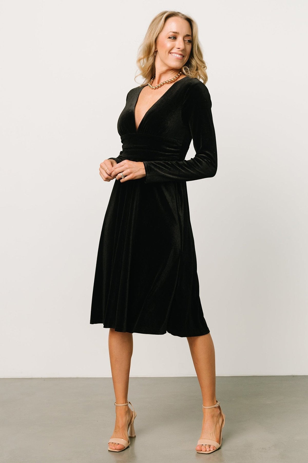 Dress Gold Velvet Sexy V neck Waist Controlled Long Sleeves Large Swing Dress by Ragazza