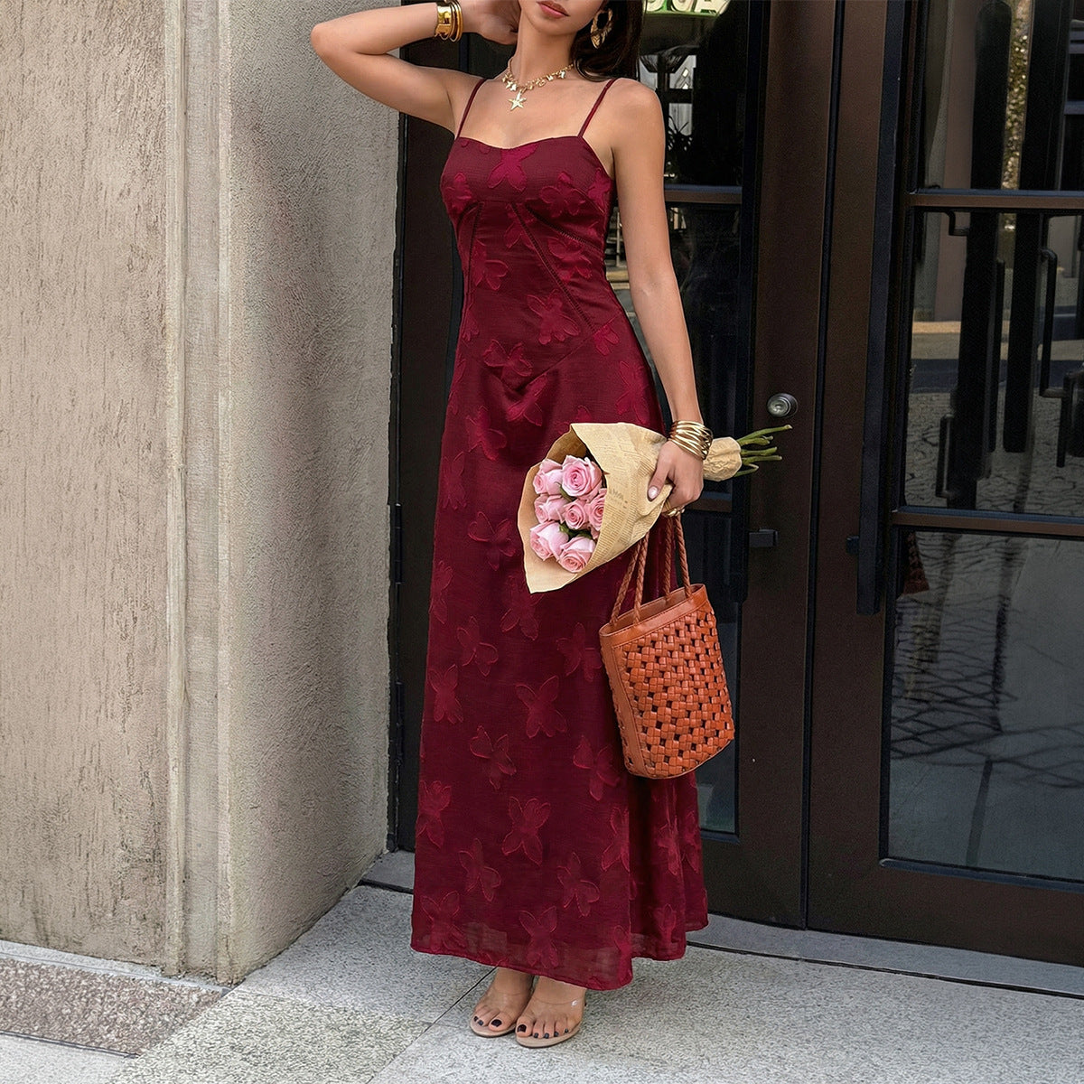 Women Clothing Summer French Vacation Jacquard Strap Waist Dress DestGlow