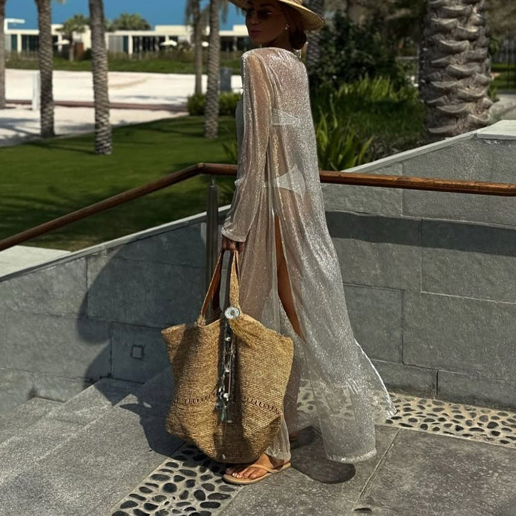 Women Clothing See through round Neck Long Sleeve Split Sun Protection Sexy Dress by Ragazza