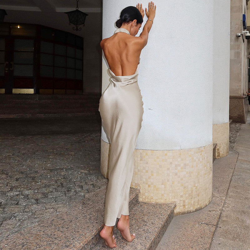 Summer Solid Color Sleeveless Halter Sexy Backless Satin Dress by Ragazza